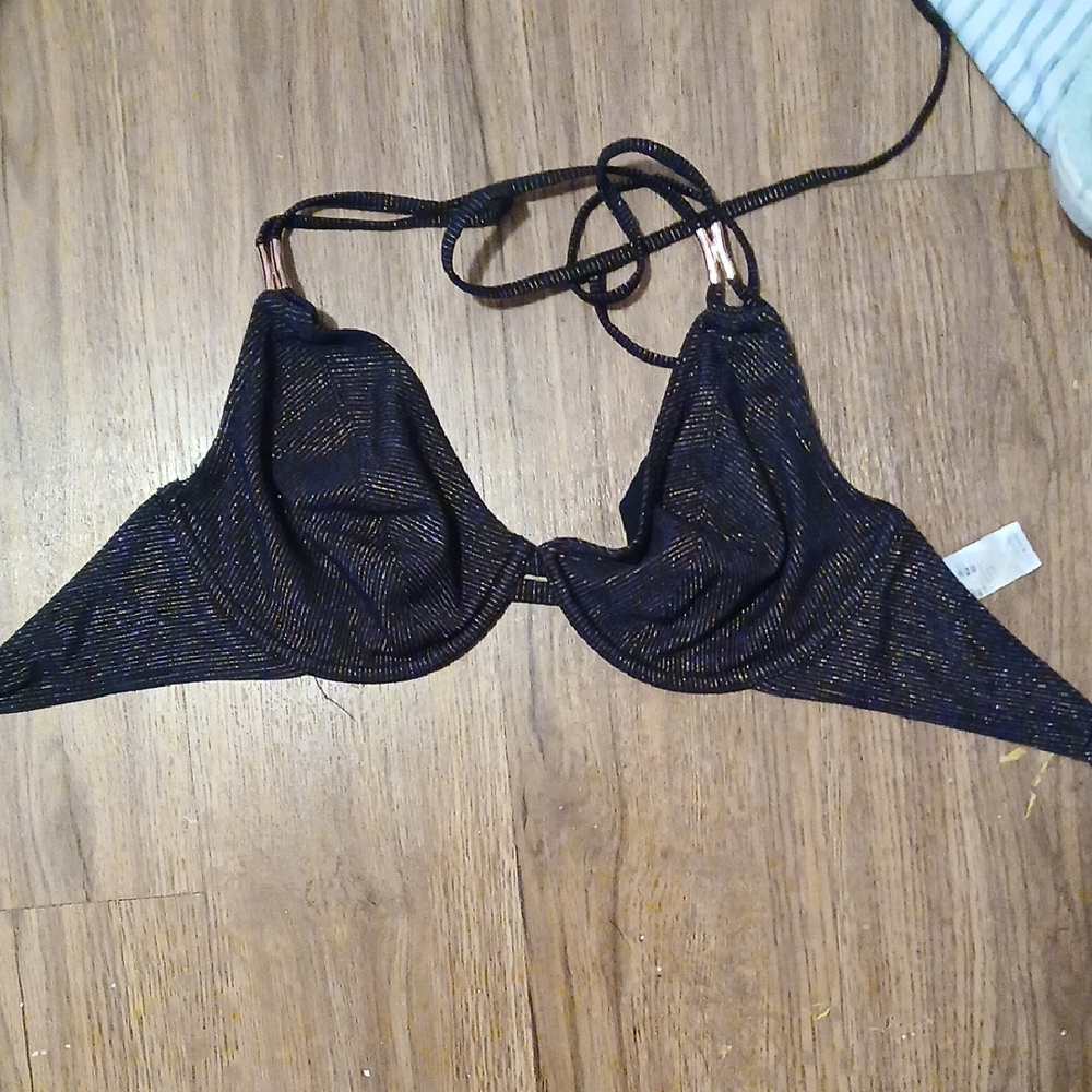 Black Metallic Underwire Bikini Top with Ring Accents